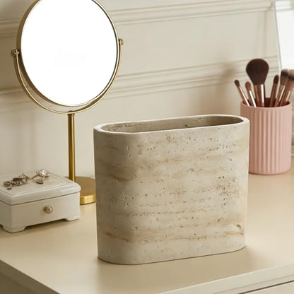 Natural Travertine Textures Mini Trash Can, Small Counter Rectangle Trash Can for Bathroom Kitchen Table Desk, Tiny Waste Basket for Vanity - Silicone Pad Anti Scratch, Non-Slip (Made of Resin) - color: Rectangle Travertine