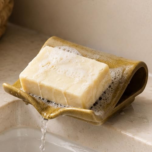 Zoeeker Ceramic Soap Dish for Shower, Bar Soap Holder with Drain Spout | Self Draining Soap Saver for Bathroom Kitchen Sink Bathtub, Sponge Holder, Waterfall Drying Tray Extends Soap Life, Yellow - color: Yellow