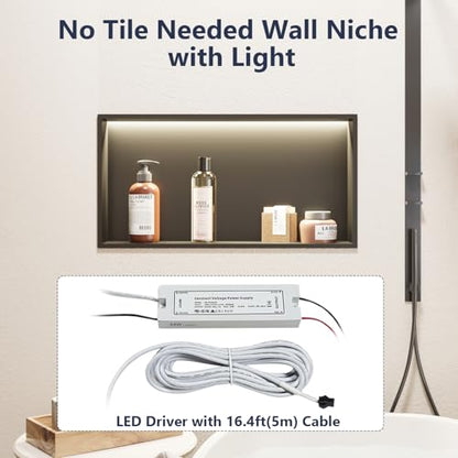 LED Stainless Steel Shower Niche 24" x 12" No Tile Needed | Recessed Wall Niche with Light, Shower Shelf for Bathroom Storage Insert Installation (Matte Black)
