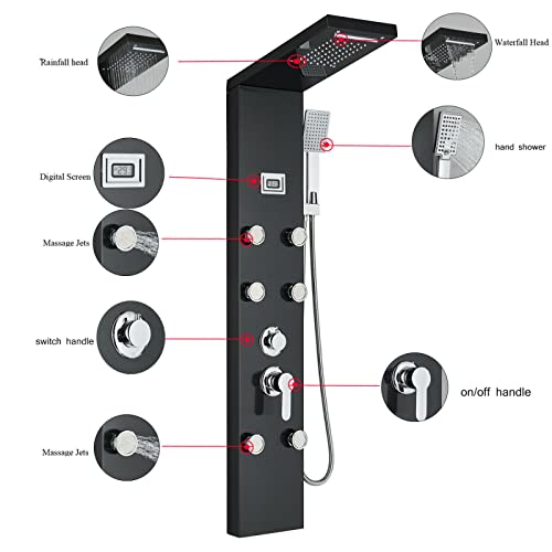 LED Light Shower Panel Tower Rainfall Waterfall Shower Head with Massager Jets Body System Jet Black B (Color : Black A) - color: Black a
