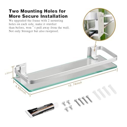 Glass Bathroom Shelf 15.7in Bathroom Shelf Wall Mounted Floating Glass Shelves with Towel Holder Glass Shelf for Bathroom 2 Tier (Sliver) - style: 2 tier with towel bar silver