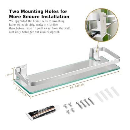 Glass Bathroom Shelf 15.7in Bathroom Shelf Wall Mounted Floating Glass Shelves with Towel Holder Glass Shelf for Bathroom 2 Tier (Sliver) - style: 2 tier with towel bar silver
