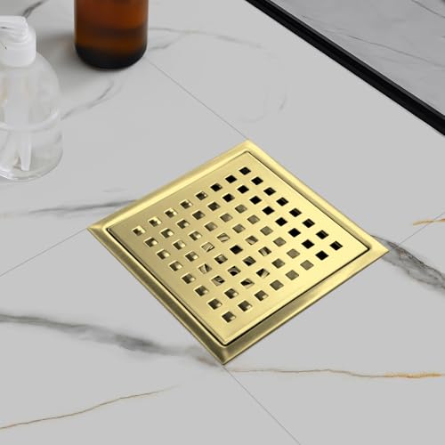 Gold Shower Drain 6 inch with Flange, Square Shower Drain with Removable Grate Cover, SUS 304 Stainless Steel, Brushed Gold - color: Brushed Gold, size: Square surface
