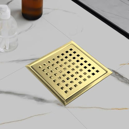Gold Shower Drain 6 inch with Flange, Square Shower Drain with Removable Grate Cover, SUS 304 Stainless Steel, Brushed Gold - color: Brushed Gold, size: Square surface