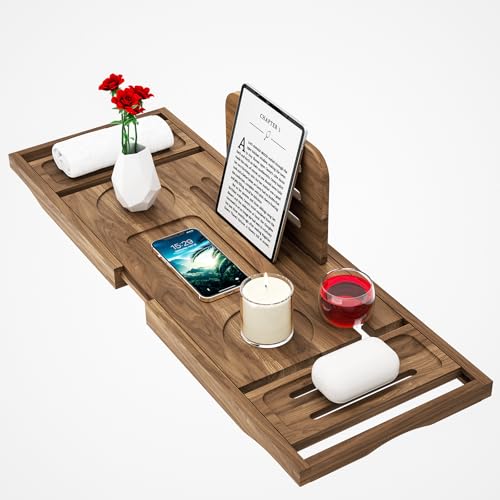 Premium Teak Bathtub Tray Caddy, Expandable Wooden Bath Tray for Bathub, Luxury Bathtub & Bathroom Accessories, Great House Warming, Anniversary & Wedding and Birthday Gifts - color: Premium Teak