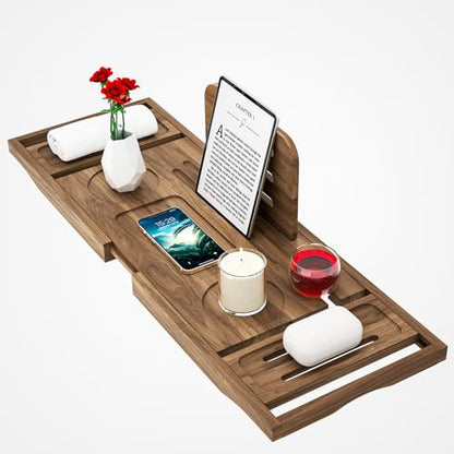 Premium Teak Bathtub Tray Caddy, Expandable Wooden Bath Tray for Bathub, Luxury Bathtub & Bathroom Accessories, Great House Warming, Anniversary & Wedding and Birthday Gifts - color: Premium Teak
