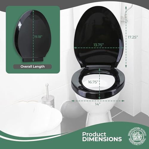 Renovators Supply Manufacturing Plastic Soft Close Toilet Seat Elongated Quiet-Close Lid, Contoured Seat, Easy to Install and Clean, Grip-Tight Bumpers with Adjustable Mounting Hardware, Black - color: Black, size: Pack of 1