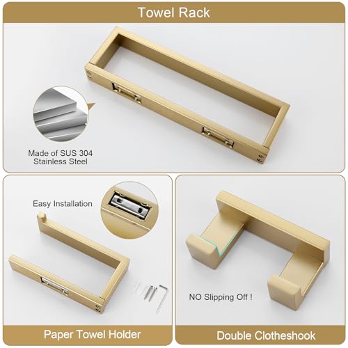 Brushed Gold Bathroom Accessories, Toilet Paper Holder, Towel Bar and Hook | Lairuier 3 Pieces Bathroom Hardware Set, SUS304 Stainless Steel Towel Holder Set Toilet Paper Holder Robe Hook Wall Mounted - color: Brushed Gold