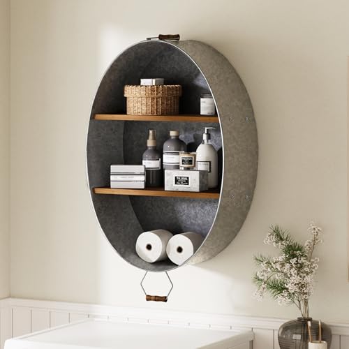 Oakrain Towel Rack with Wood Wall Shelves, Farmhouse Galvanized Wash Tub | Rustic Towel Holder, Decorative Hanging Shelf for Bathroom, Lavatory, Entryway - size: O-Oval