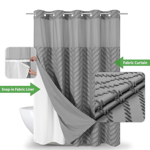 eachope No Hook Tufted Chevron Striped Shower Curtain with Snap-in Fabric Liner set-71Wx74H(72H),Grey Hotel Grade Boho Style Shower Curtain with See Through Top Window,Water Repellent - color: Grey, size: 71"W x 74"L (Pack of 1)