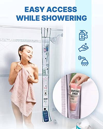 Skywin Hanging Mesh Shower Caddy, 7 Pockets, Quick Dry, 60 x 6 In - White | 60 x 6 In, Shower Organizer for Rod or Door, Portable for RV Dorm Cruise Camping, Velcro Strap, Polyester, Foldable