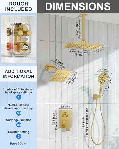 KOJOX Brushed Gold Dual Shower Head System – 11" Ceiling Rainfall + 6" Wall Mount Heads, 6-Mode Handheld Spray, Push-Button Diverter Faucet Set - color: Brushed Gold, size: 6''+11''