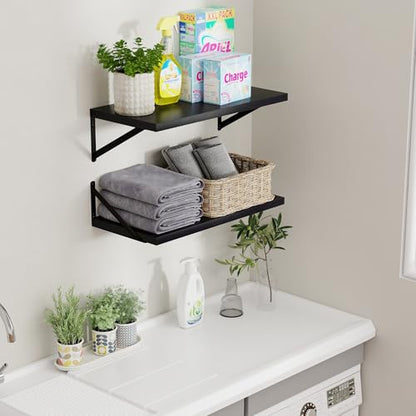 Deep Floating Shelves Black- 24 Inch Wide x 12 Inch Deep Wall Shelves Set of 2 - Black Wood Wall Shelves for Living Room Bedroom Laundry Room - color: Black, size: 24W x 12D
