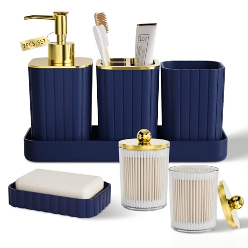 XLHOMO Bathroom Accessory Set - Gorgeous Bathroom Set, 7PC Blue Bathroom Set, Soap Dispenser, Toothbrush Holder, Qtip Holder Set, Bathroom Sets Complete, Bathroom Sink Set for Home Decor - style: Navy Blue&Gold