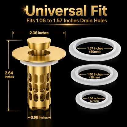 Snailhouse Bathroom Sink Stopper, Stainless Steel Pop Up Anti Clog Bathroom Sink Drain Strainer Plug with Brass Core and Removable Hair Catcher, Gold