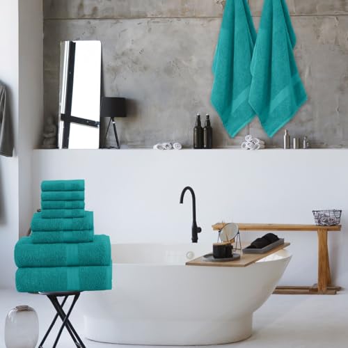 QUBA LINEN Pack of 8 Towels Set, 2 Large Bath Towels, 2 Hand Towels, 4 Wash Cloths, 100% Cotton, Lighter Weight, Quicker to Dry, Super Absorbent, Perfect for Bathroom (Teal) - color: Teal