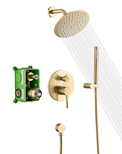 SUMERAIN Brushed Gold Shower Faucet System | with High Pressure 8 Inches Rain Shower Head and Brass Hand Shower, Rough-In Valve Body and Trim Included - color: Brushed Gold, size: 2 Function