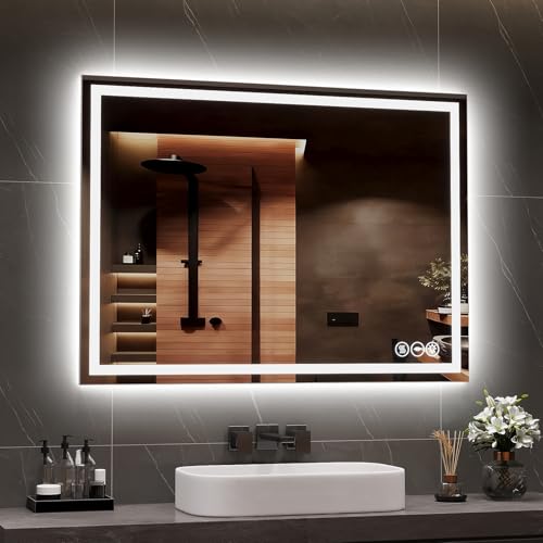LED Bathroom Mirror 28x36 Inch Anti-Fog Bathroom Mirror with Lights, Wall Mounted Lighted Vanity Mirrors, Dimmable, Backlit + Front Lit, Smart Bathroom Vanity Mirror with 3 Colors Temperature - size: 28"L x 36"W