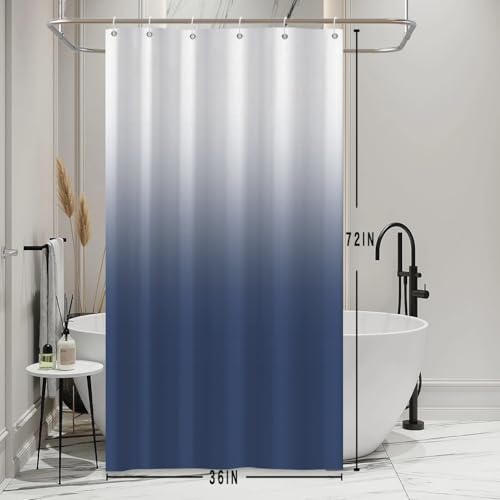 Ombre Navy Blue Stall RV Shower Curtain with Hooks 36x72inches | Machine Washable Waterproof, Modern Solid Boho Gradient, Bathroom Dorm Hotel Room Divider, Easy to Install, Window Curtain - color: Navy Blue, size: 36"W x 72"L (Pack of 1)