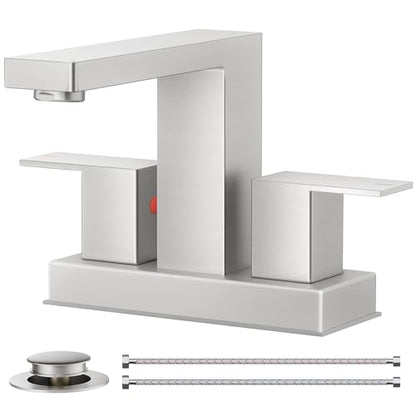 FORIOUS 4 Inch Brushed Nickel Bathroom Faucet Centerset 2 Hole, Commercial | Wholesale Brushed Nickel Centerset Bathroom Faucet Silver 2 Handles, 4" Bathroom Sink Faucet Brushed Nickel Centerset Set - color: Stainless Steel, style: Classic