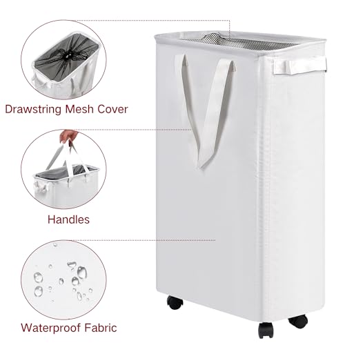 efluky Slim Laundry Basket with Wheels, Rolling Laundry Hamper on Wheels for Clothes, Small Laundry Bin for Bedroom, Dorm and Laundry Room, 60L White
