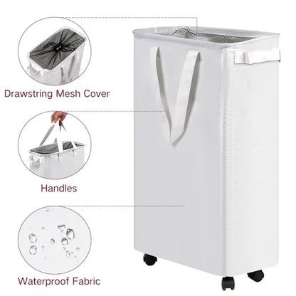 efluky Slim Laundry Basket with Wheels, Rolling Laundry Hamper on Wheels for Clothes, Small Laundry Bin for Bedroom, Dorm and Laundry Room, 60L White