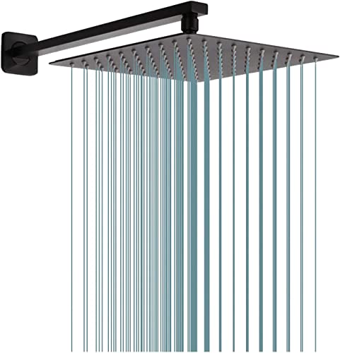 Rain Shower Head Black with Extension Arm 16 Inch Square Shower Head with 16 Inch Shower Arm Large Stainless Steel Rainfall Showerhead Matte Black Waterfall Full Body Coverage by GGStudy - color: Black, size: 16inch