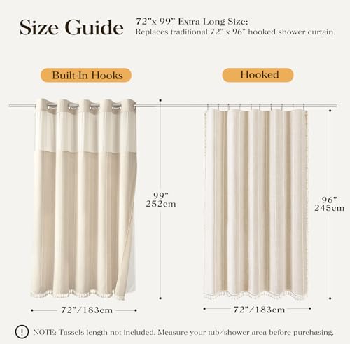 72x99 Ringless Boho Stripe Tassel Shower Curtain with Snap Liner Cream | Extra Long Size, Heavy Duty Linen Blend, 3 in 1 Shower Curtain Set, Farmhouse Style, Waterproof & Washable, Mesh Top Window - color: A - Cream, size: 72"W x 99"L (Pack of 1)