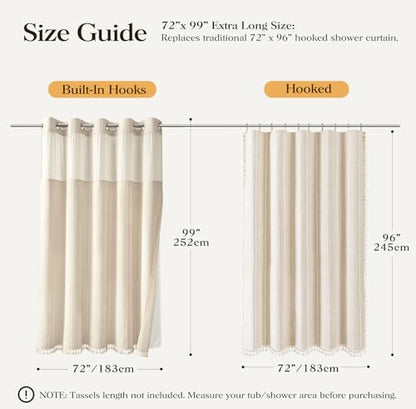 72x99 Ringless Boho Stripe Tassel Shower Curtain with Snap Liner Cream | Extra Long Size, Heavy Duty Linen Blend, 3 in 1 Shower Curtain Set, Farmhouse Style, Waterproof & Washable, Mesh Top Window - color: A - Cream, size: 72"W x 99"L (Pack of 1)