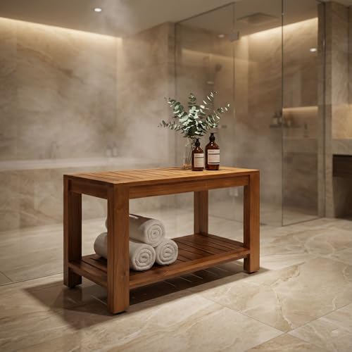 Teak Shower Bench with Shelf, 30” Wide, Shower Stool, Fully Assembled Bathroom Shower Seat, Water-Resistant Spa Bath Bench for Shower, Bathroom & Entryway, The Botein