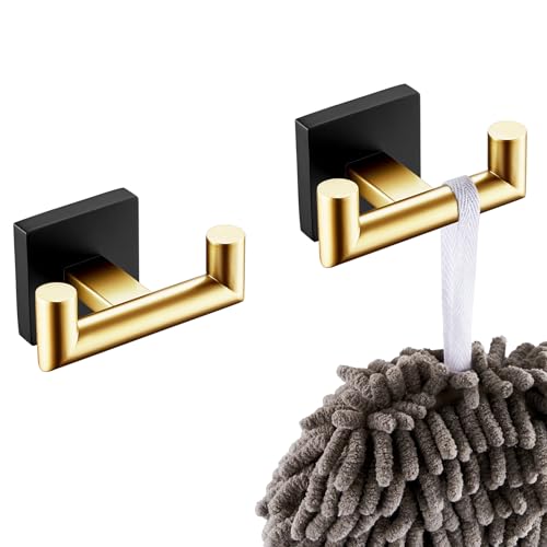 KOKOSIRI Robe Hooks Bath Towel Hooks Bathroom Hardware Double Coat Hooks Wall Mounted, Stainless Steel 2 Pack Black with Gold B1015GDK-P2 - color: Black Gold, size: 2 Pack