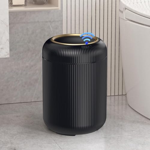 Motion Sensor Bathroom Trash Can with Lid,Black and Gold Garbage Can | 3 Gallon Automatic Bathroom Garbage Cans,Black Garbage Bin,Touchless Sensor Trash Bin,Small Waste Basket for Bedroom,Office - color: Black
