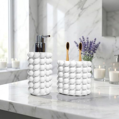 Better Trends 2-Piece Bathroom Accessory Set 400mL Refillable Soap Dispenser with Rustproof Pump 2-Slot Toothbrush for Vanity, Sink & Countertop Organization White Nova Collection - color: White
