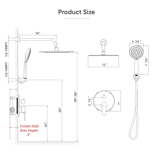 Gabrylly Shower Faucet Set, Shower System with Pressure Balance Shower Valve, 12" Rain Shower Heads with Handheld Spray, Wall Mounted Shower Fixtures, High Pressure Shower Head Set, Brushed Nickel - color: Brushed Nickel, style: 12 Inches-Without Tub Spou