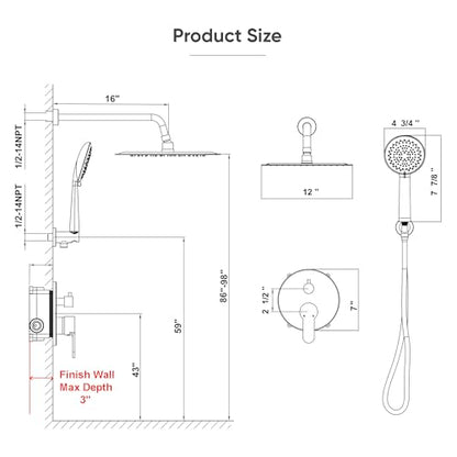 Gabrylly Shower Faucet Set, Shower System with Pressure Balance Shower Valve, 12" Rain Shower Heads with Handheld Spray, Wall Mounted Shower Fixtures, High Pressure Shower Head Set, Brushed Nickel - color: Brushed Nickel, style: 12 Inches-Without Tub Spou