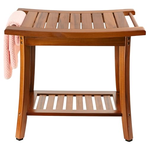 Utoplike Teak Shower Bench Seat with Handles, Bath Chair Stool for Inside | Portable Wood Spa Chair With Towel, Storage Shelf, 22" x 13" x 18.6", for Outdoor Bathroom Use - size: Large