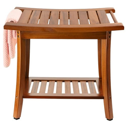 Utoplike Teak Shower Bench Seat with Handles, Bath Chair Stool for Inside | Portable Wood Spa Chair With Towel, Storage Shelf, 22" x 13" x 18.6", for Outdoor Bathroom Use - size: Large
