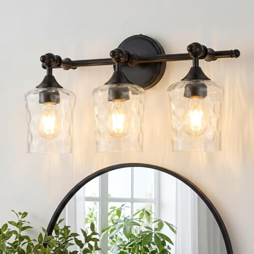 3-Light Bathroom Vanity Light Fixture Over Mirror, Matte Black | Clear Hammered Glass Shades, Beaded Crossbar Frame, Rippled Glow, Wall Mount Up or Down, E26 Socket, Hardwired, 120V - color: Matte Black