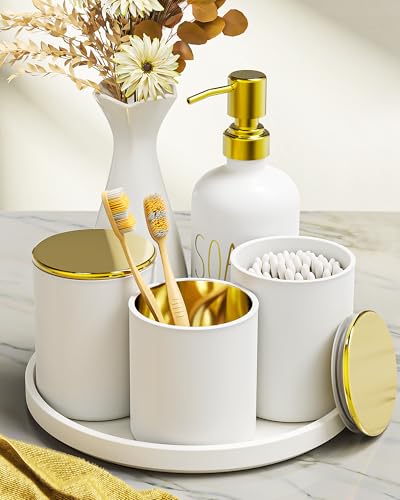 6Pcs White&Gold Bathroom Accessories Set with Tray, Bathroom Counter Sets | Perfect For Creating A Clean, Modern Bathroom Countertop In Apartments, Master Bathrooms, Guest Bathrooms And Airbnb Spaces. - color: White&gold
