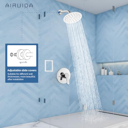 Airuida Shower Faucet Set,6 Inch Chrome Polish Shower Trim Kit | Round Rainfall Shower Head,Single Handle,Male Threads Rough-in Valve,Wall Mount Bathroom System - color: Chrome, size: 6 Inch