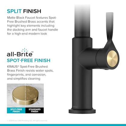 KRAUS Torak Pull Down Kitchen Faucet in Spot-Free Brushed Brass/Matte Black with 2 Function Sprayer, Pre-Attached Water Lines, and Mounting Hardware, KPF-2840SFBBMB - color: Spot Free Brushed Brass/Matte Black, style: Pull-Down Faucet