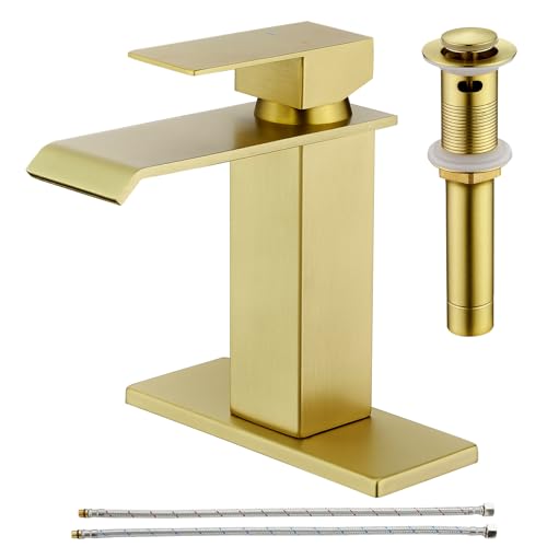CREA Brushed Gold Bathroom Faucet 1 Hole,Gold Waterfall Bathroom Faucet Single Handle Bathroom Sink Faucet with Drain Stopper/ 3 Hole Deck Plate,RV Basin Vanity Faucet,Stainless Steel - color: Brushed Gold, style: Wide Spout