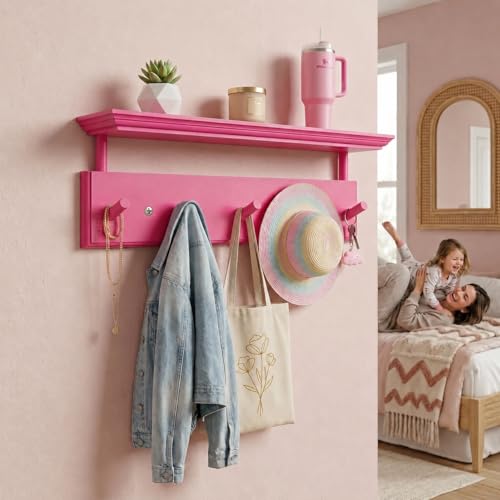 Matías Coat Rack Wall Mount with Shelf, 18 Inch Solid Wood Peg Rail, Wall Mounted Coat Rack with 5 Hooks, Wall Mount Shelf for Entryway, Bathroom or Bedroom (Pink) - color: Pink