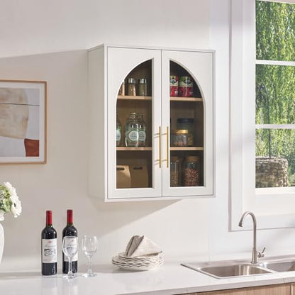 Bathroom Wall Cabinet, 23.5×31.4'' Storage Cabinet, Arched Cabinet Wall Mount with Adjustable Shelf & Glass Doors, Medicine Cabinet for Laundry Room, Bathroom, Kitchen, Living,White/Natural Oak,1PC - color: White/Natural Oak