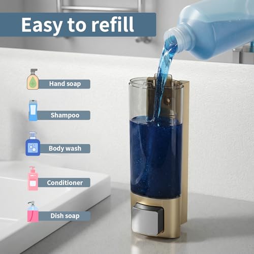 Manual Soap Dispenser Wall Mount, 6.76oz/200ml, No Drill, with Key, Gold | Shampoo Conditioner Body Wash Dispenser, Leak-Proof, Refillable, Home Kitchen Guest Bathroom Washroom Laundry Room Garage RV - color: Gold
