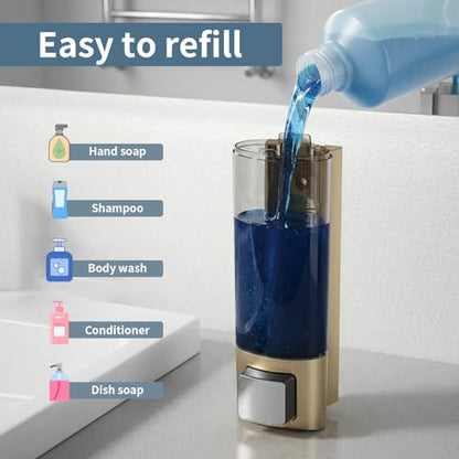Manual Soap Dispenser Wall Mount, 6.76oz/200ml, No Drill, with Key, Gold | Shampoo Conditioner Body Wash Dispenser, Leak-Proof, Refillable, Home Kitchen Guest Bathroom Washroom Laundry Room Garage RV - color: Gold