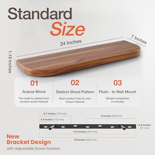 BATODA 24" Acacia Wood Floating Shelves Wall Mounted (Round Edge) – Rustic Farmhouse Wooden Wall Storage Shelf for Bedroom, Kitchen - Brackets and Shelving Hardware Included (Acacia,24 Inch Length) | 100 LBS Capacity, Hidden Brackets, Thick Shelf Design,