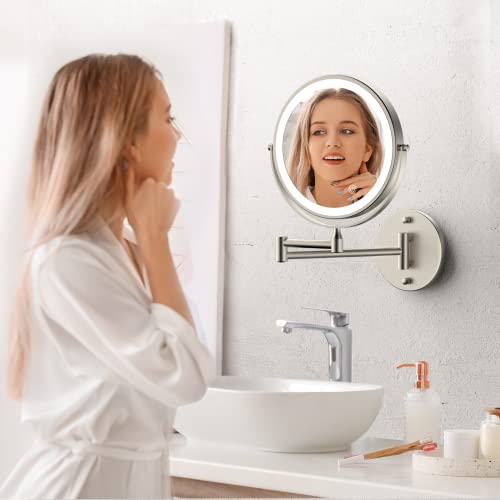 Rechargeable Wall Mounted Lighted Makeup Mirror, 8 Inch Double-Sided LED Vanity Mirror 1X/10X Magnification,3 Color Lights Touch Screen Dimmable 360°Swivel 13 Inch Extendable - color: 8 Inch Nickel