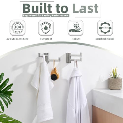 Aomasi Brushed Nickel 2 Pack Swivel Coat Hooks, 304 Stainless Steel Foldable Towel Hooks with 2 Rotating Arms, Wall Mounted - color: Brushed Nickel, size: 2 Pack