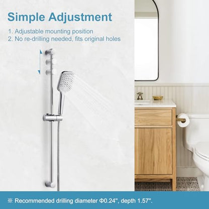 OFFO Shower Slide Bar Combo, Adjustable 31 in Slide Bar with 3-Mode Square Handheld Shower Head and 60 in Stainless Steel Hose, Screw Wall Mounted, Chrome Finish - style: Square 31" Slide Bar & 60" Hose